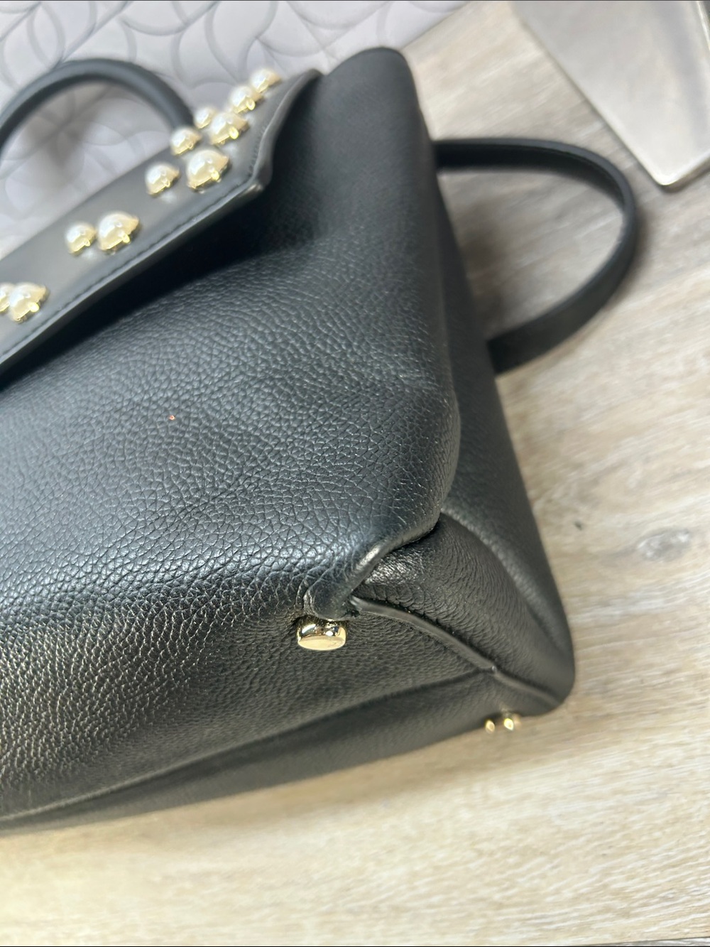 6552 kate spade Black Leather Satchel with Pearl Studs 270936552 - Picture 7 of 11